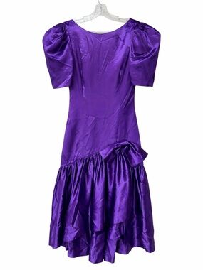 Vintage 80s 90s Purple Satin Prom Dress Puff Sleeve Bow Formal Retro